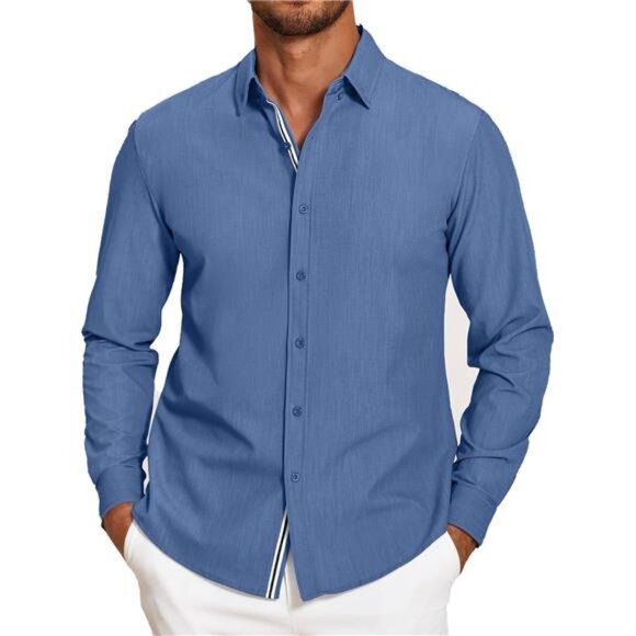 Mens Casual Button Down Shirt Untucked Long Sleeve Stretch Denim Dress - Picture 1 of 6